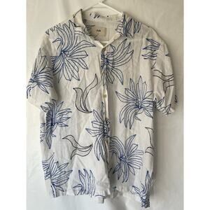 Folk Linen Blend Veneto Short Sleeve Men's L Shirt Floral White Blue Black EUC